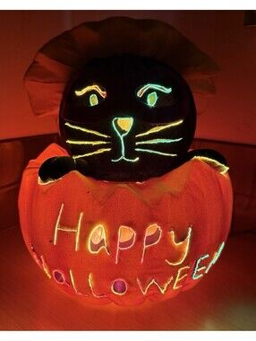 Vintage 2002 Pan Asian Fiber Optic Halloween Black Cat Pumpkin Light Display Y2K